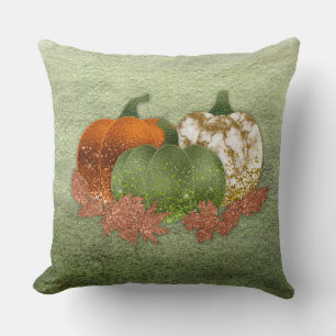Pumpkin Trio With Copper Autumn Leaves Cushion