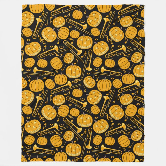 Pumpkin Trombone Music Notes Fleece Blanket (Front)