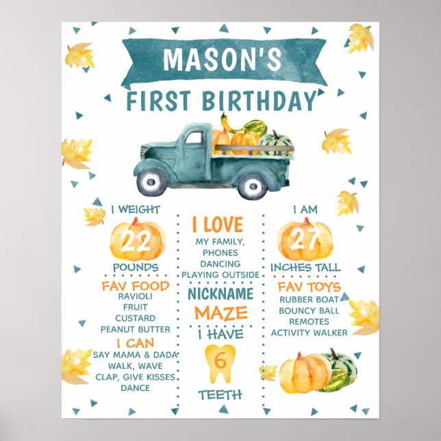 Pumpkin Truck 1st Birthday Milestone Poster (Front)