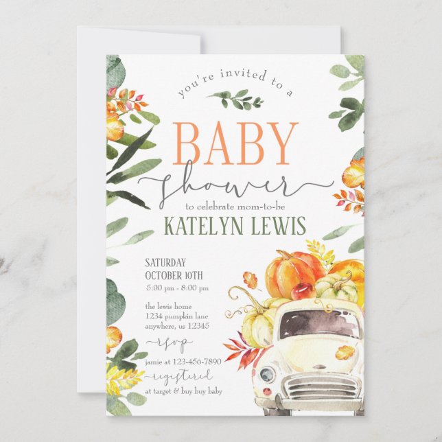 Pumpkin Truck Baby Shower Invitation with Greenery (Front)