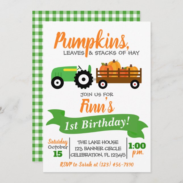 Pumpkin Truck Birthday Invitation - Green Tractor (Front/Back)