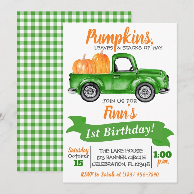 Pumpkin Truck Birthday Invitation - Green Truck (Front/Back)