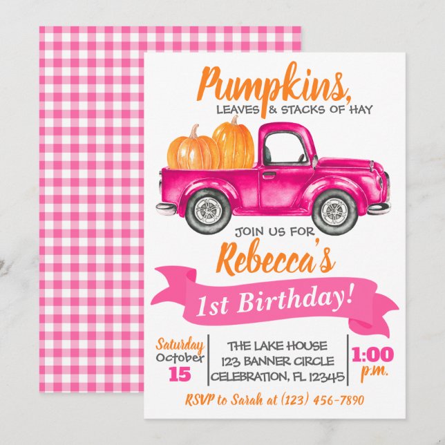 Pumpkin Truck Birthday Invitation - Pink Truck (Front/Back)