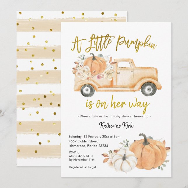 Pumpkin Truck Floral Girl Baby Shower Invitation (Front/Back)