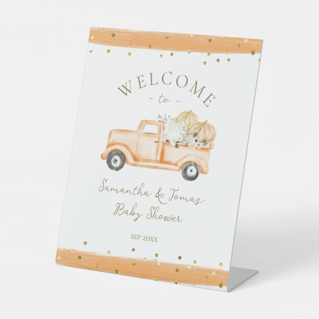Pumpkin Truck Modern Fall Baby Shower Pedestal Sign (Front)