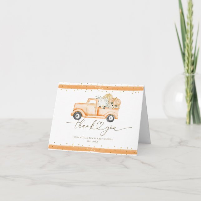 Pumpkin Truck Modern Fall Baby Shower Thank You Card (Front)