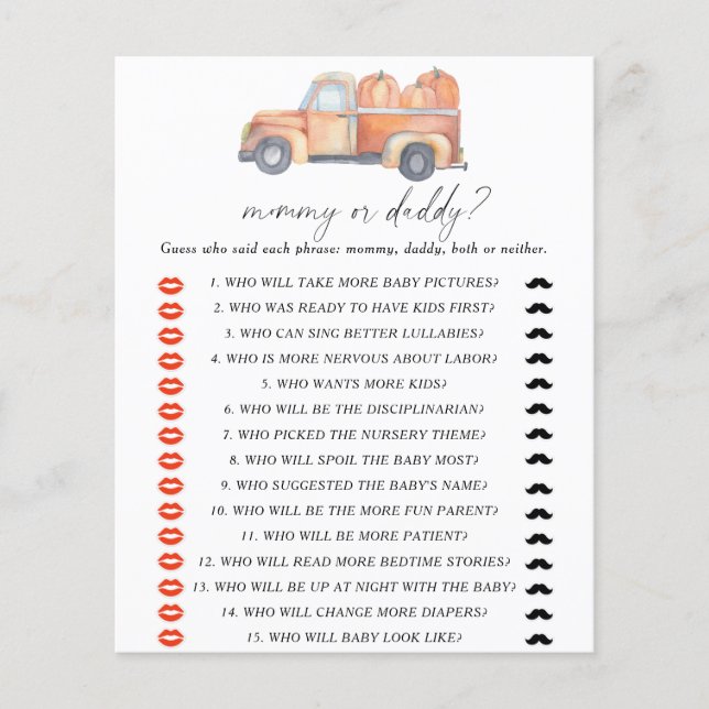 Pumpkin truck - mummy or daddy baby shower game (Front)