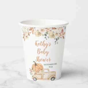 Pumpkin Truck Rustic Floral Baby Shower White Paper Cups