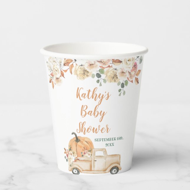 Pumpkin Truck Rustic Floral Baby Shower White Paper Cups (Front)