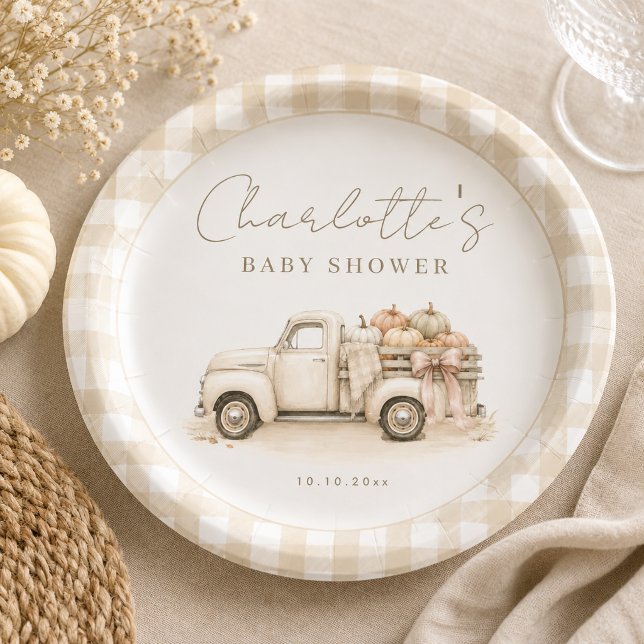 Pumpkin Truck Rustic Gingham Fall Baby Shower Paper Plate (Creator Uploaded)