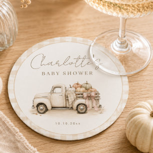 Pumpkin Truck Rustic Gingham Fall Baby Shower Round Paper Coaster