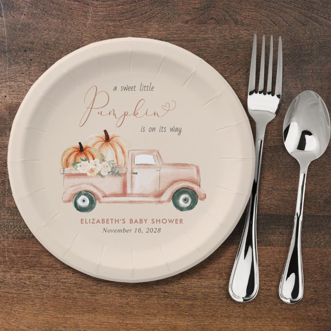 Pumpkin Truck Watercolor Fall Baby Shower Paper Plate (Creator Uploaded)