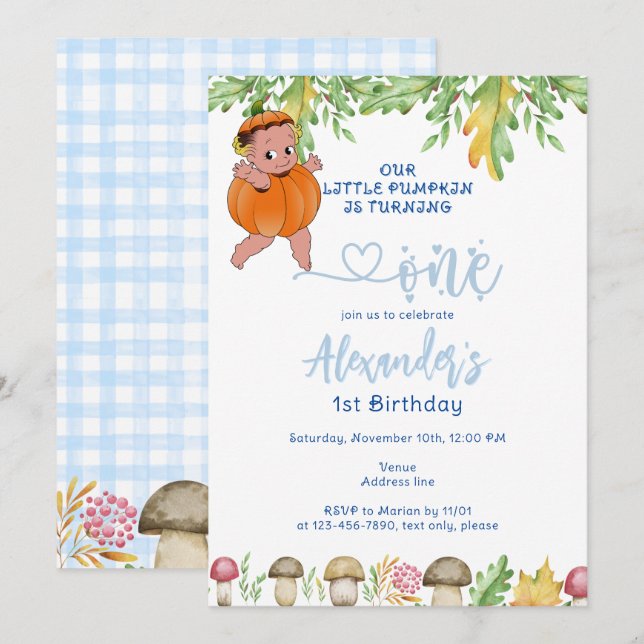 Pumpkin Turning One Mushrooms Plaid 1st Birthday Invitation (Front/Back)