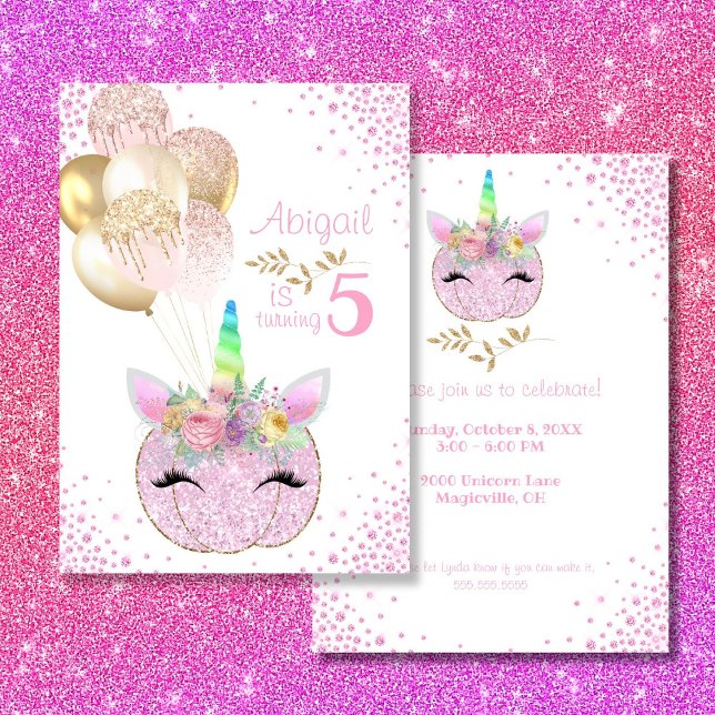 Pumpkin Unicorn Girl 5th Birthday Invitation (Creator Uploaded)
