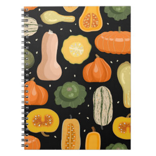 Pumpkin varieties, autumn seamless illustration. notebook