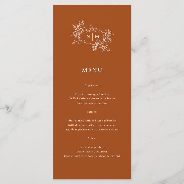 Pumpkin Vines Black Monogram Wedding Menu (Front)
