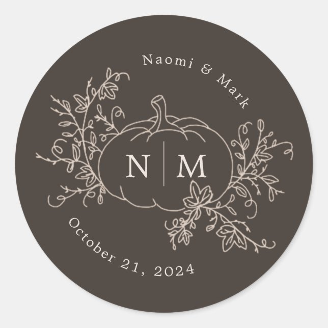 Pumpkin Vines Monogram Wedding Classic Round Stick Classic Round Sticker (Front)