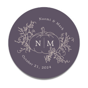 Pumpkin Vines Monogram Wedding Classic Round Sticker