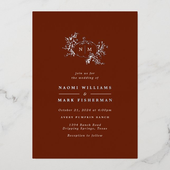 Pumpkin Vines Monogram Wedding Foil Invitation (Front)