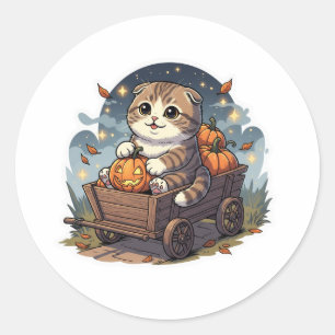 Pumpkin Wagon Fold – Scottish Fold Cat Halloween Classic Round Sticker