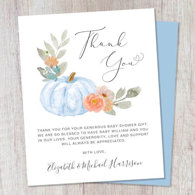Pumpkin Watercolor Baby Boy Shower Thank You Card (Celebrate your little pumpkin's arrival and let your loved ones know how much their support means)