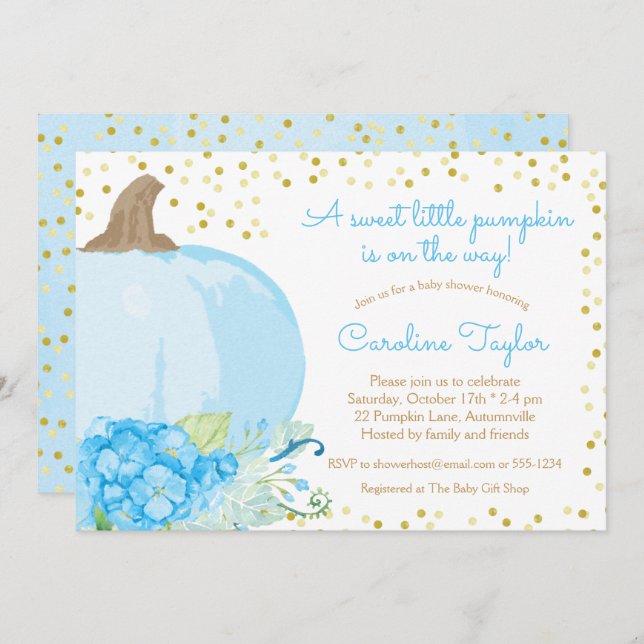 Pumpkin Watercolor Blue Gold Fall Baby Boy Shower Invitation (Front/Back)