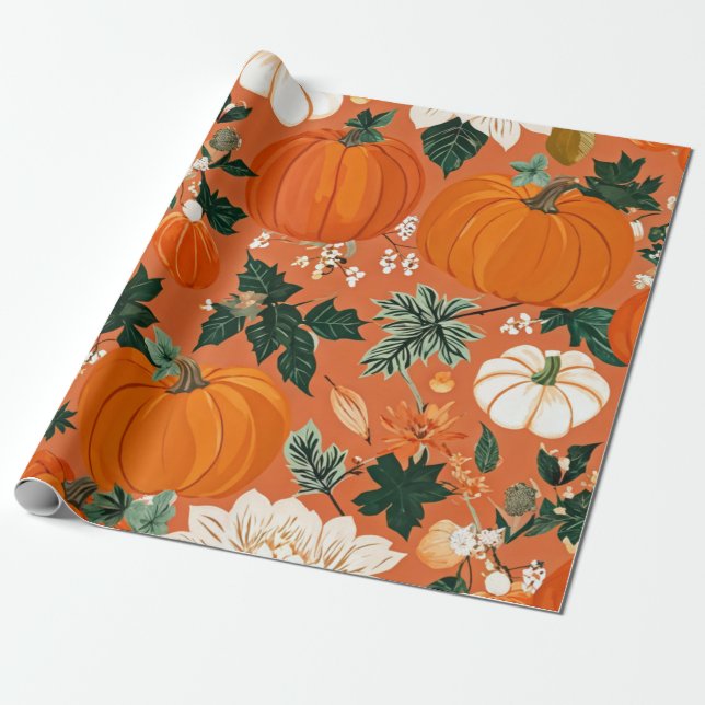 Pumpkin Watercolor Fall & Autumn Thanksgiving Wrapping Paper (Unrolled)