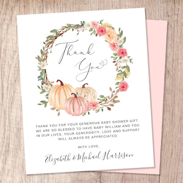Pumpkin Watercolor Girl Baby Shower Thank You Card (Celebrate your little pumpkin's arrival and let your loved ones know how much their support means)