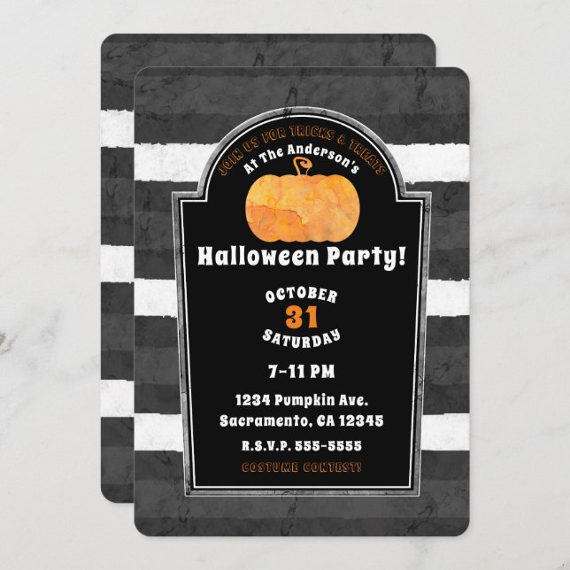 Pumpkin Watercolor Spooky Gravestone Halloween Invitation (Front/Back)