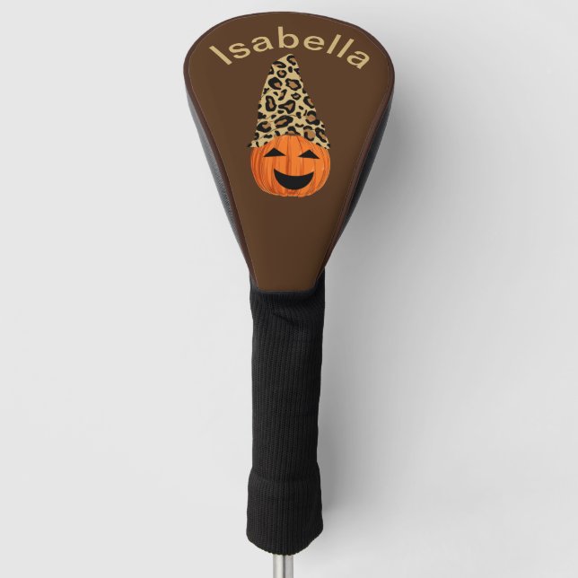 Pumpkin Wearing A Leopard Hat Golf Head Cover (Front)