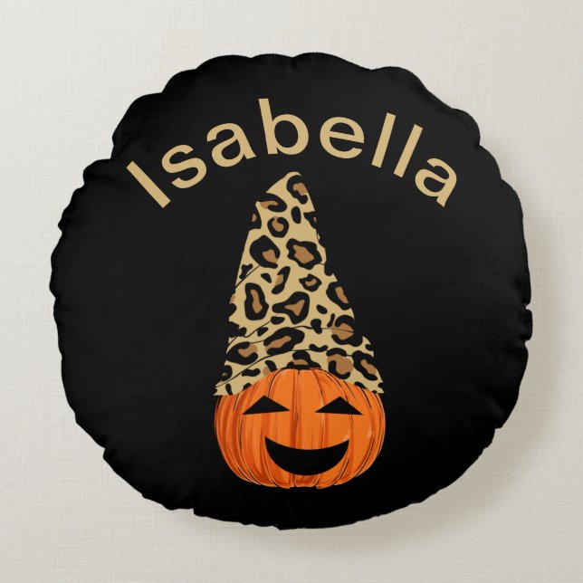 Pumpkin Wearing A Leopard Hat Round Cushion (Front)