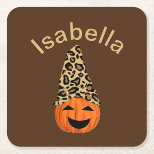 Pumpkin Wearing A Leopard Hat Square Paper Coaster