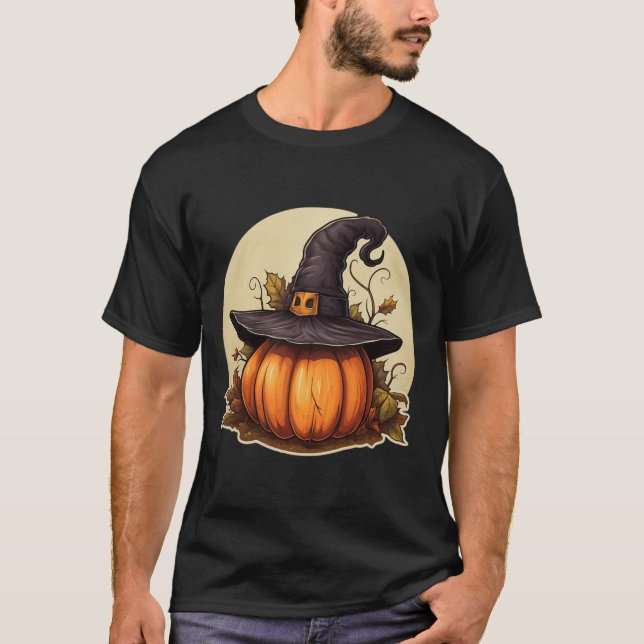 Pumpkin Wearing Witch Hat Costume Halloween T-Shirt (Front)