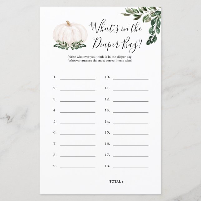 Pumpkin What's In The Diaper Bag Baby Shower Game (Front)