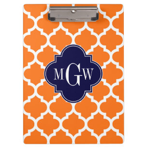 Pumpkin White Moroccan #5 Navy 3 Initial Monogram Clipboard