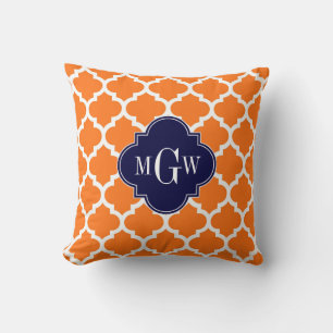 Pumpkin White Moroccan #5 Navy 3 Initial Monogram Cushion