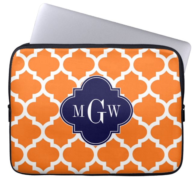 Pumpkin White Moroccan #5 Navy 3 Initial Monogram Laptop Sleeve (Front)