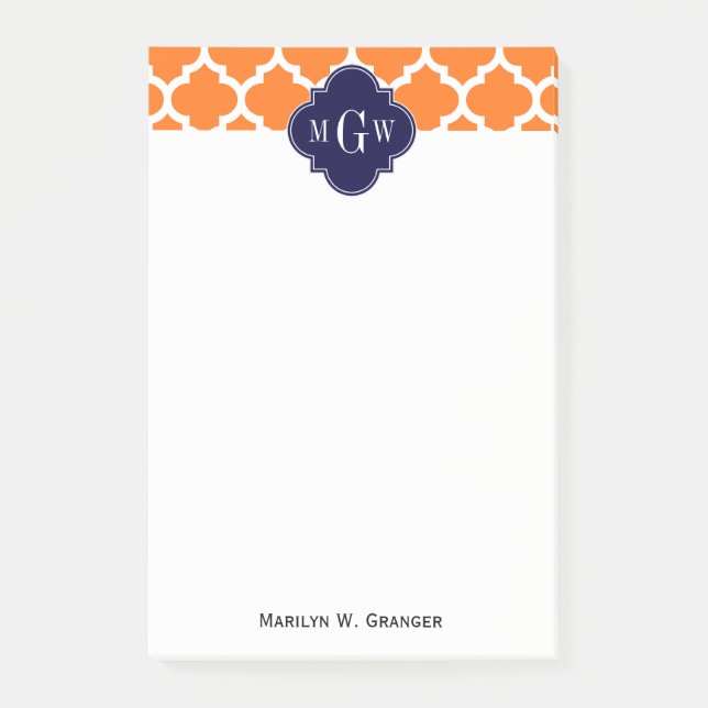 Pumpkin White Moroccan #5 Navy 3 Initial Monogram Post-it Notes (Front)