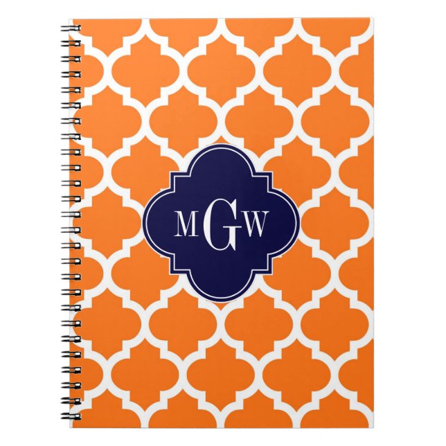 Pumpkin White Moroccan #5 Navy 3 Initial Monogram Spiral Notebook (Front)