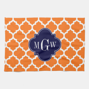 Pumpkin White Moroccan #5 Navy 3 Initial Monogram Tea Towel