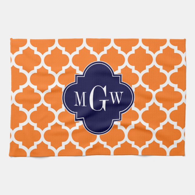 Pumpkin White Moroccan #5 Navy 3 Initial Monogram Tea Towel (Horizontal)
