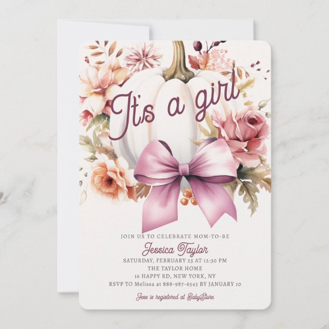 Pumpkin White Pink Ribbon Girl Fall Baby Shower Invitation (Front)