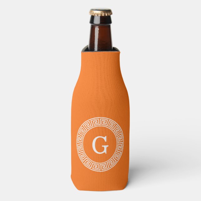 Pumpkin Wht Greek Key Rnd Frame Initial Monogram Bottle Cooler (Bottle Front)