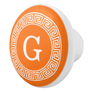 Pumpkin Wht Greek Key Rnd Frame Initial Monogram Ceramic Knob