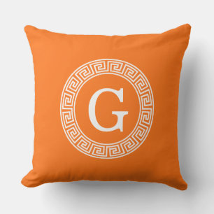 Pumpkin Wht Greek Key Rnd Frame Initial Monogram Cushion