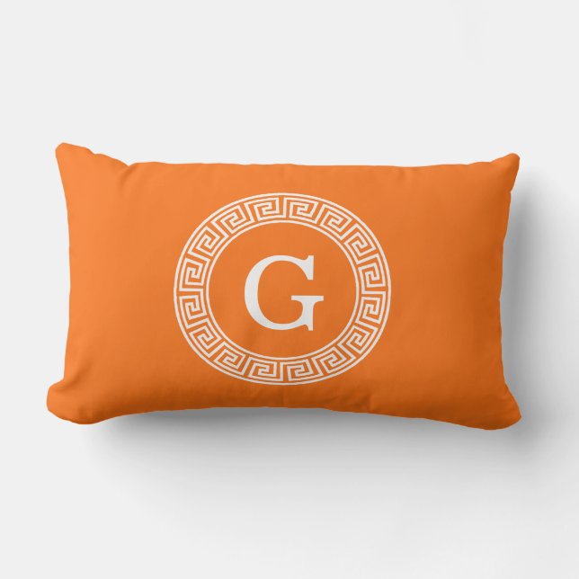 Pumpkin Wht Greek Key Rnd Frame Initial Monogram Lumbar Cushion (Front)