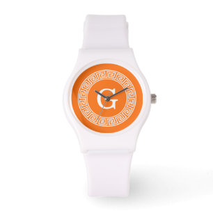 Pumpkin Wht Greek Key Rnd Frame Initial Monogram Watch