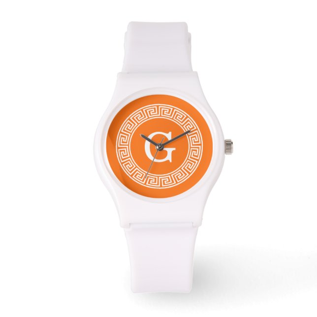 Pumpkin Wht Greek Key Rnd Frame Initial Monogram Watch (Front)
