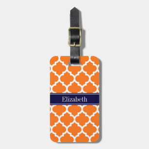 Pumpkin Wht Moroccan #5 Navy Blue Name Monogram Luggage Tag