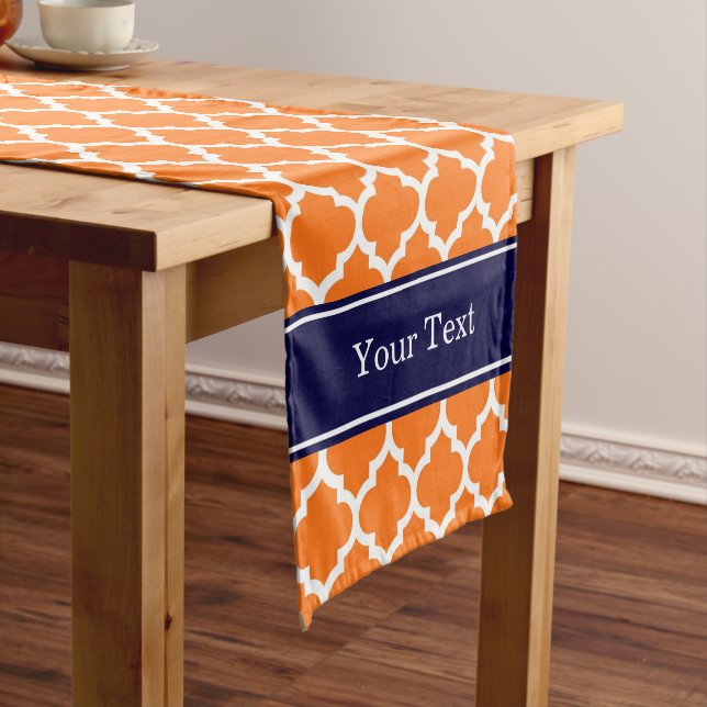 Pumpkin Wht Moroccan #5 Navy Blue Name Monogram Short Table Runner (In Situ)